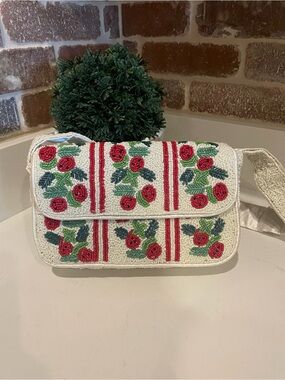 Rachel Zoe White Beaded Shoulder Bag with Red and Green Floral Motif